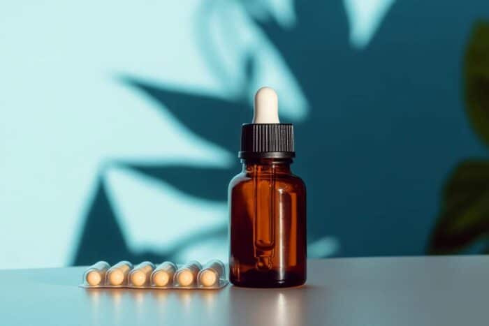 Un flacon d'huile de CBD et une plaquette de gélules de mélatonine posés sur une table