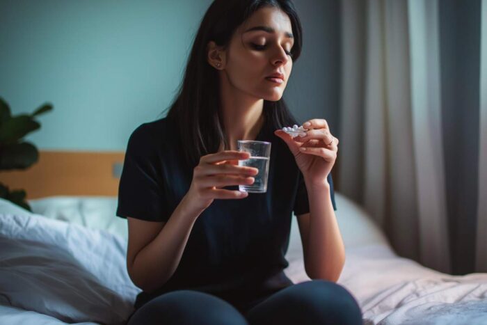 Une femme assise sur son lit prennant des gélules de mélatonine avec un verre d'eau