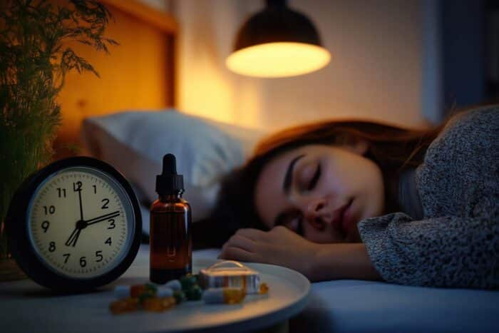 Une femme dort, avec un flacon de CBD et des gélules de mélatonine à côté