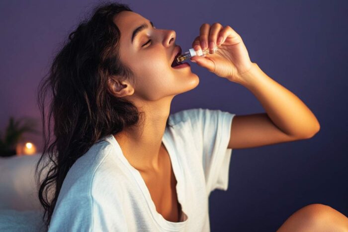 Une femme est assise sur le lit, mettant des goûtes d'huile de CBD sous sa langue